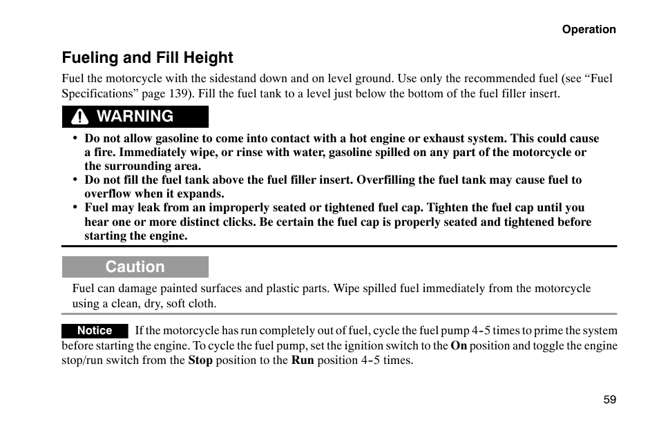 Fueling and fill height, Warning, Caution | Polaris 2002 Victory Touring Cruiser User Manual | Page 73 / 166