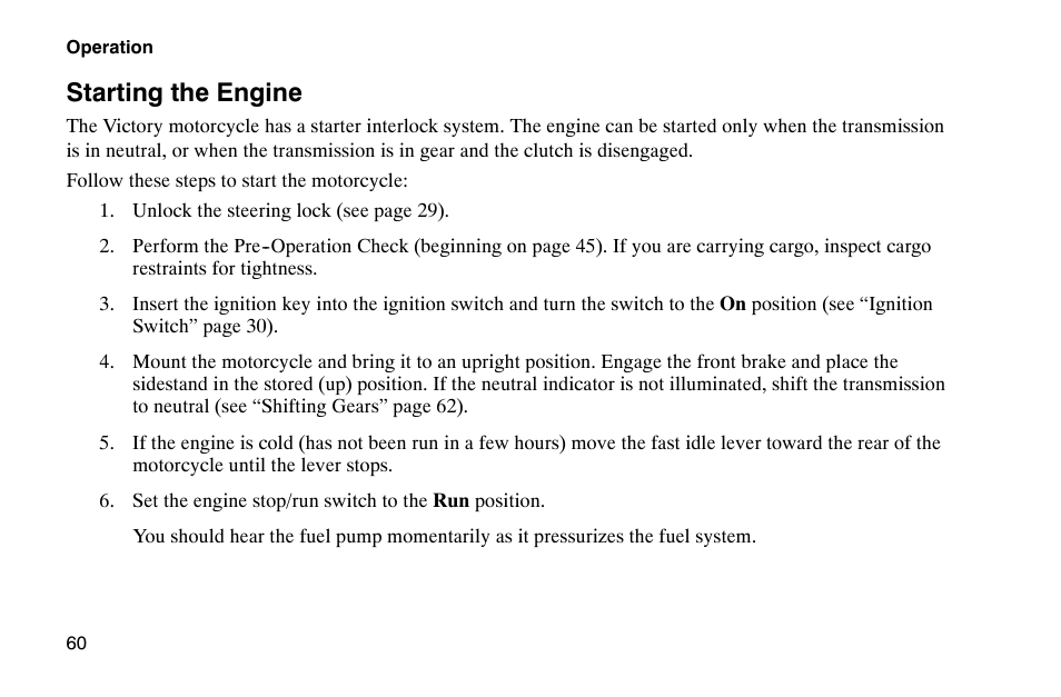 Starting the engine | Polaris 2002 Victory Touring Cruiser User Manual | Page 74 / 166