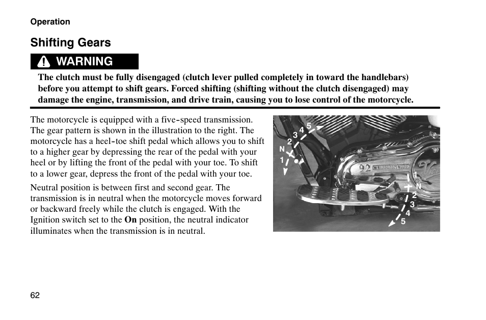 Shifting gears, Warning | Polaris 2002 Victory Touring Cruiser User Manual | Page 76 / 166