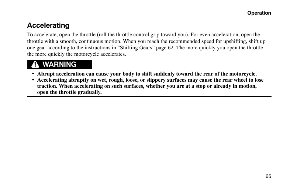 Accelerating, Warning | Polaris 2002 Victory Touring Cruiser User Manual | Page 79 / 166