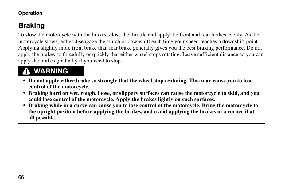 Braking, Warning | Polaris 2002 Victory Touring Cruiser User Manual | Page 80 / 166