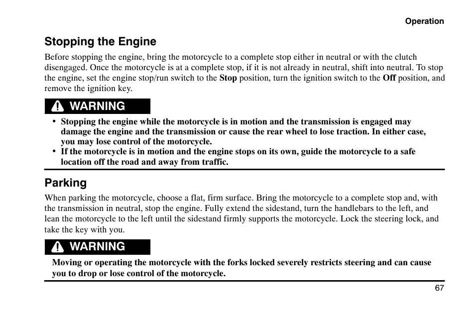Stopping the engine, Warning parking, Warning | Polaris 2002 Victory Touring Cruiser User Manual | Page 81 / 166