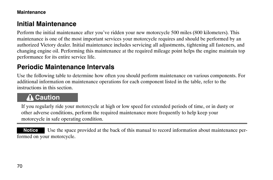 Initial maintenance, Periodic maintenance intervals, Caution | Polaris 2002 Victory Touring Cruiser User Manual | Page 84 / 166