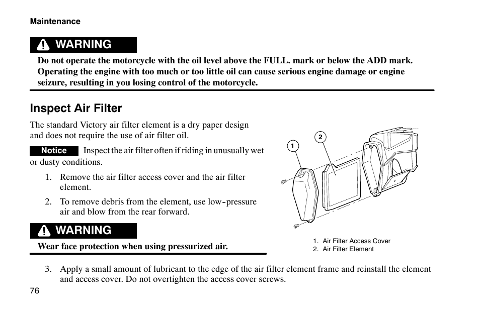 Warning inspect air filter, Warning | Polaris 2002 Victory Touring Cruiser User Manual | Page 90 / 166