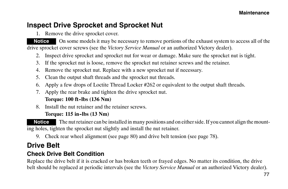 Inspect drive sprocket and sprocket nut, Drive belt | Polaris 2002 Victory Touring Cruiser User Manual | Page 91 / 166