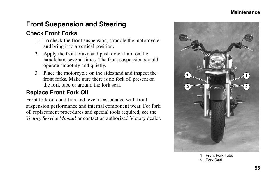 Front suspension and steering | Polaris 2002 Victory Touring Cruiser User Manual | Page 99 / 166