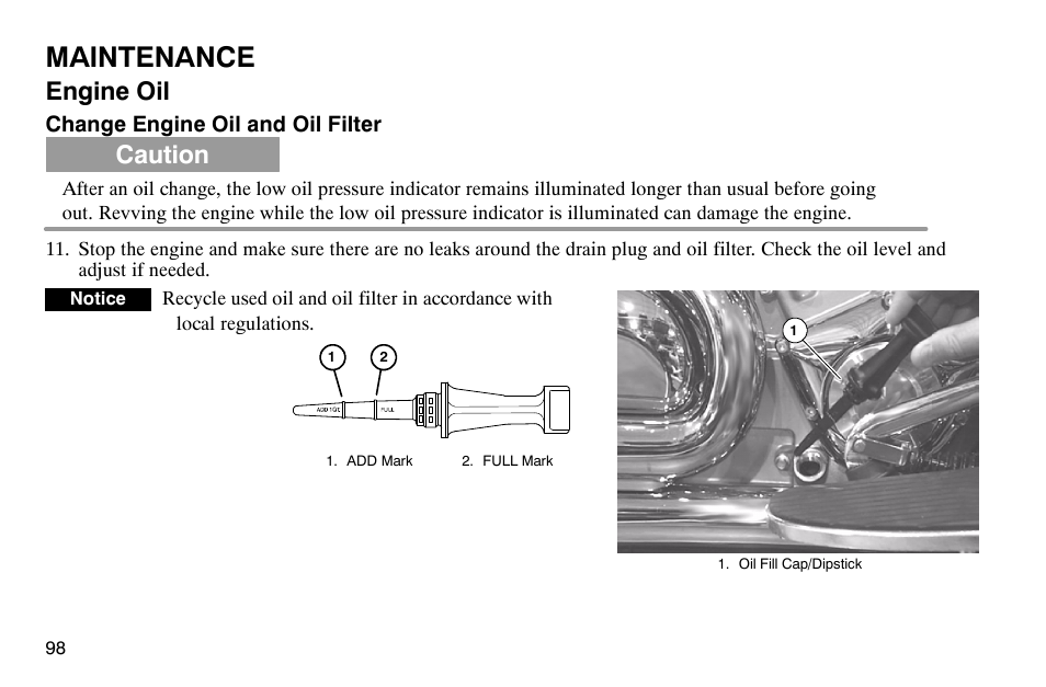 Maintenance, Engine oil, Caution | Polaris 2003 Victory Classic Cruiser User Manual | Page 100 / 180