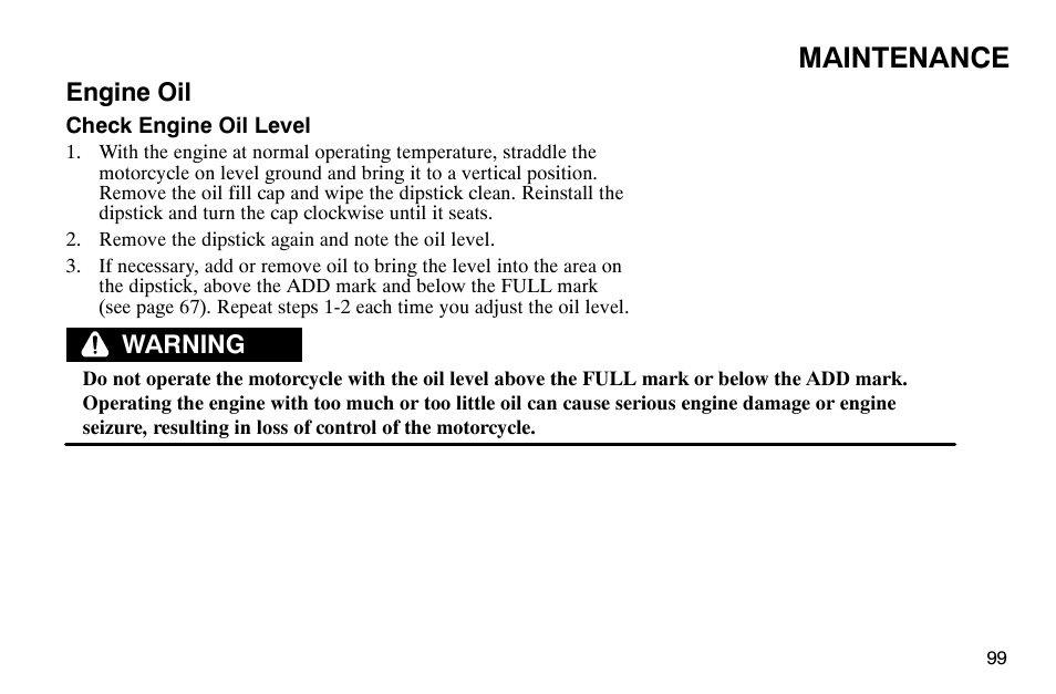 Maintenance, Engine oil, Warning | Polaris 2003 Victory Classic Cruiser User Manual | Page 101 / 180