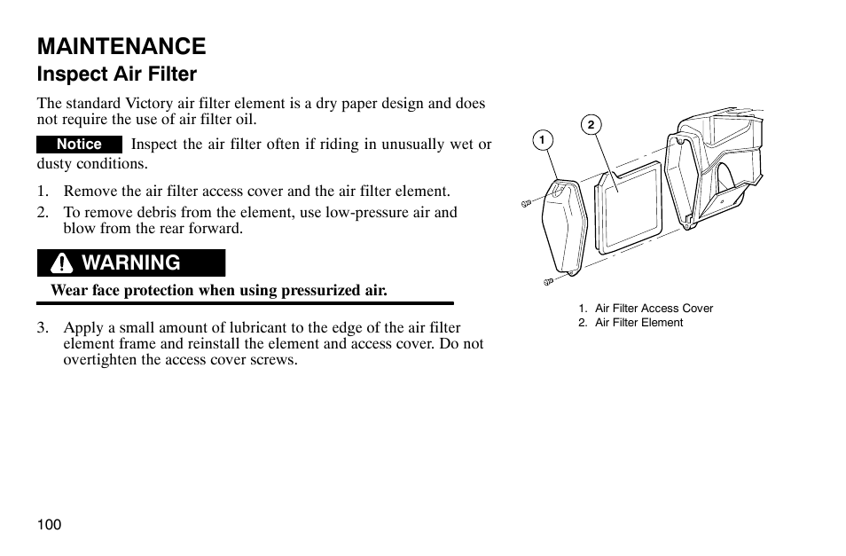 Maintenance, Inspect air filter, Warning | Polaris 2003 Victory Classic Cruiser User Manual | Page 102 / 180