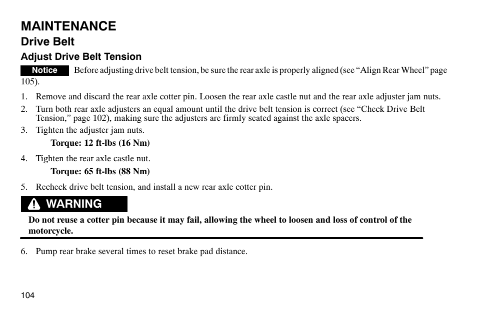 Maintenance, Drive belt, Warning | Polaris 2003 Victory Classic Cruiser User Manual | Page 106 / 180