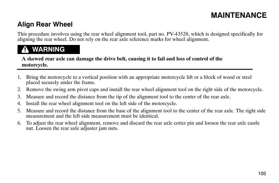 Maintenance, Align rear wheel, Warning | Polaris 2003 Victory Classic Cruiser User Manual | Page 107 / 180
