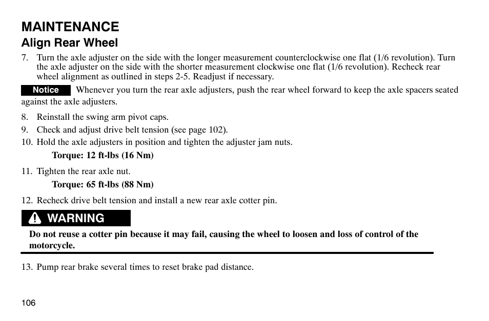 Maintenance, Align rear wheel, Warning | Polaris 2003 Victory Classic Cruiser User Manual | Page 108 / 180