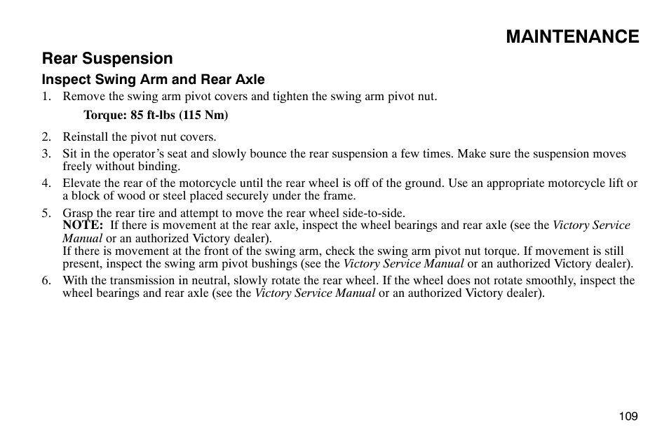 Maintenance, Rear suspension | Polaris 2003 Victory Classic Cruiser User Manual | Page 111 / 180