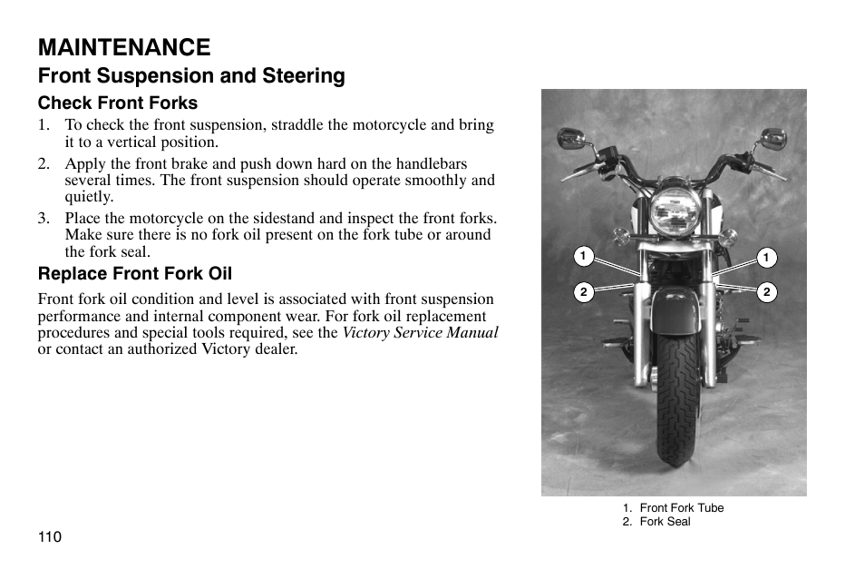 Maintenance, Front suspension and steering | Polaris 2003 Victory Classic Cruiser User Manual | Page 112 / 180