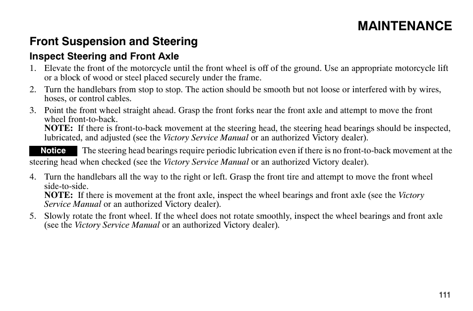 Maintenance, Front suspension and steering | Polaris 2003 Victory Classic Cruiser User Manual | Page 113 / 180