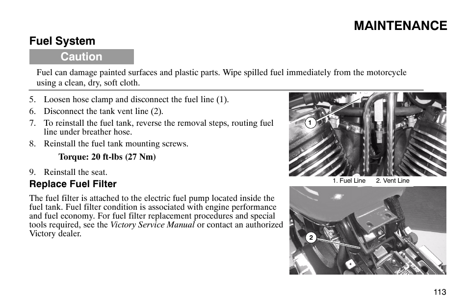 Maintenance, Fuel system, Caution | Polaris 2003 Victory Classic Cruiser User Manual | Page 115 / 180