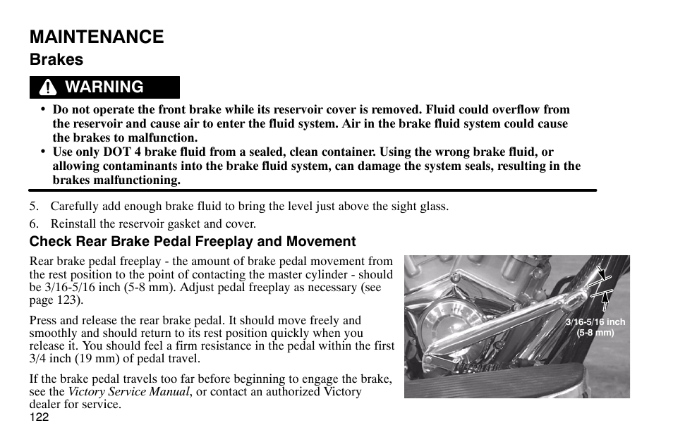 Maintenance, Brakes, Warning | Polaris 2003 Victory Classic Cruiser User Manual | Page 124 / 180