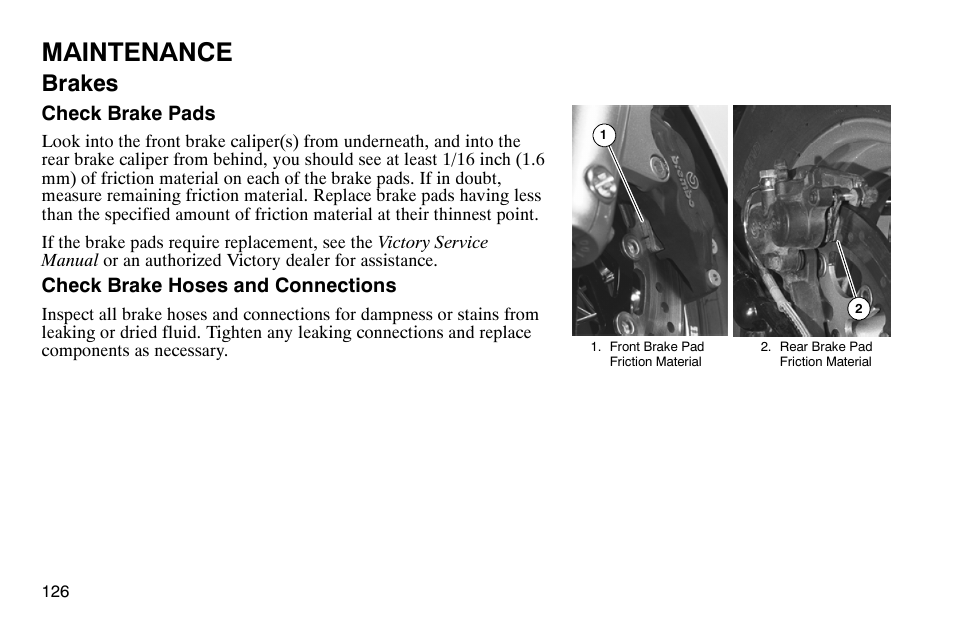 Maintenance, Brakes | Polaris 2003 Victory Classic Cruiser User Manual | Page 128 / 180