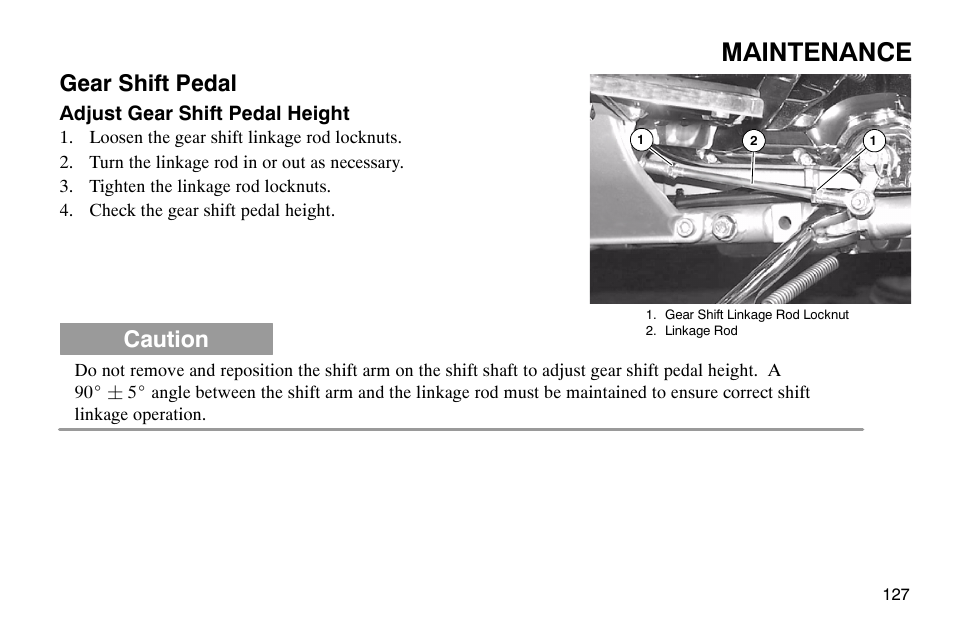 Maintenance, Gear shift pedal, Caution | Polaris 2003 Victory Classic Cruiser User Manual | Page 129 / 180