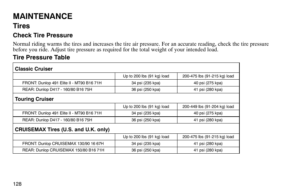 Maintenance, Tires, Check tire pressure | Tire pressure table | Polaris 2003 Victory Classic Cruiser User Manual | Page 130 / 180