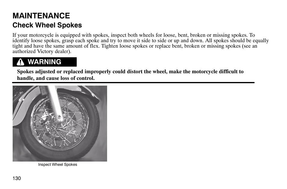 Maintenance, Check wheel spokes, Warning | Polaris 2003 Victory Classic Cruiser User Manual | Page 132 / 180