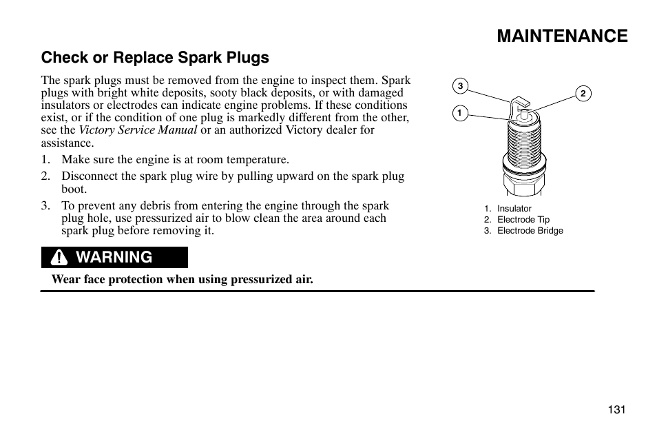 Maintenance, Check or replace spark plugs, Warning | Polaris 2003 Victory Classic Cruiser User Manual | Page 133 / 180