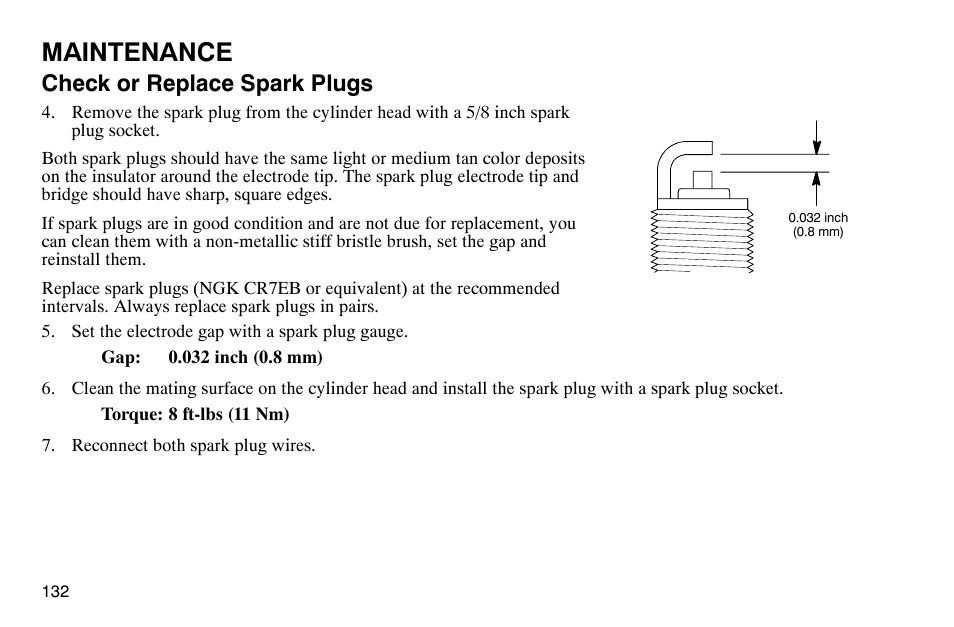 Maintenance, Check or replace spark plugs | Polaris 2003 Victory Classic Cruiser User Manual | Page 134 / 180