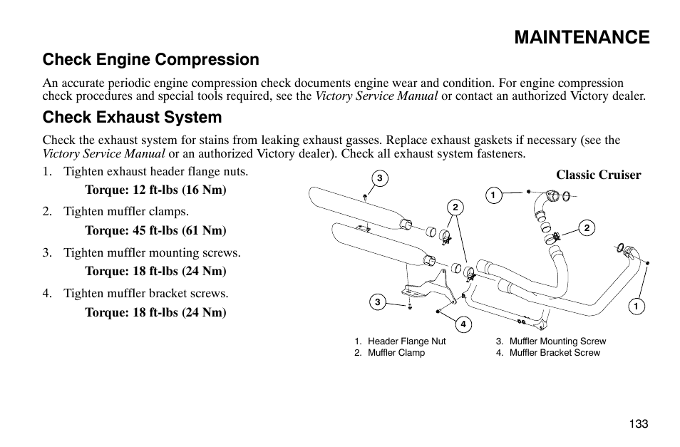 Maintenance, Check engine compression, Check exhaust system | Polaris 2003 Victory Classic Cruiser User Manual | Page 135 / 180