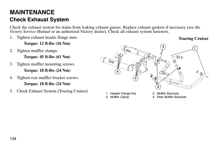 Maintenance, Check exhaust system | Polaris 2003 Victory Classic Cruiser User Manual | Page 136 / 180