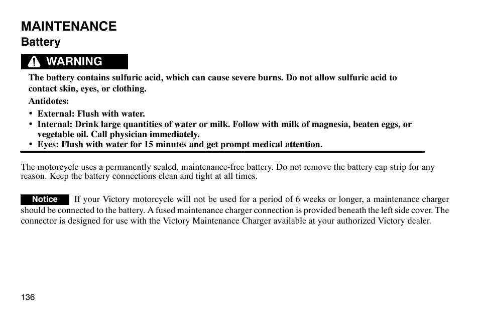 Maintenance, Battery, Warning | Polaris 2003 Victory Classic Cruiser User Manual | Page 138 / 180