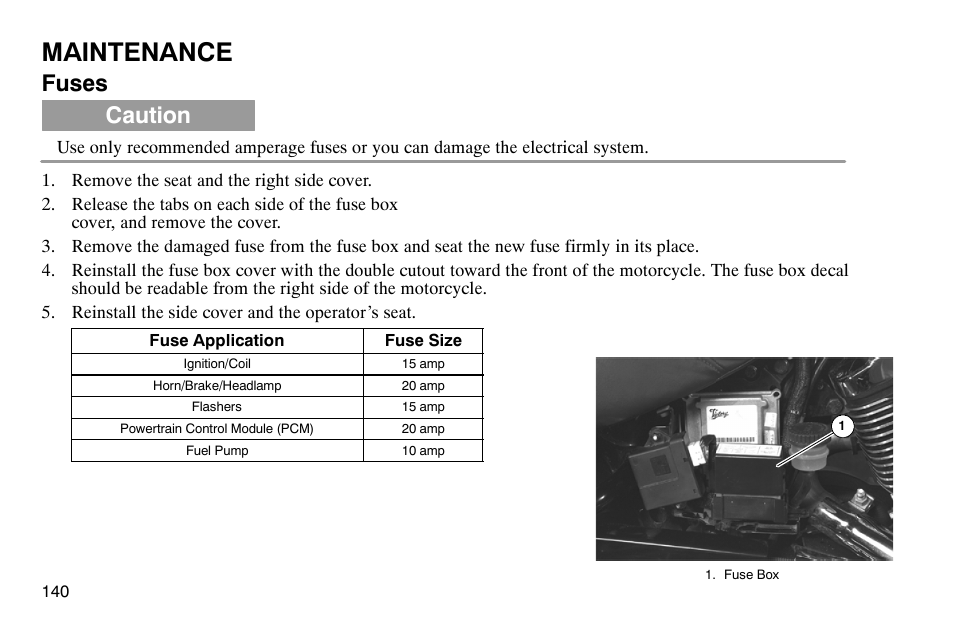 Maintenance, Fuses, Caution | Polaris 2003 Victory Classic Cruiser User Manual | Page 142 / 180