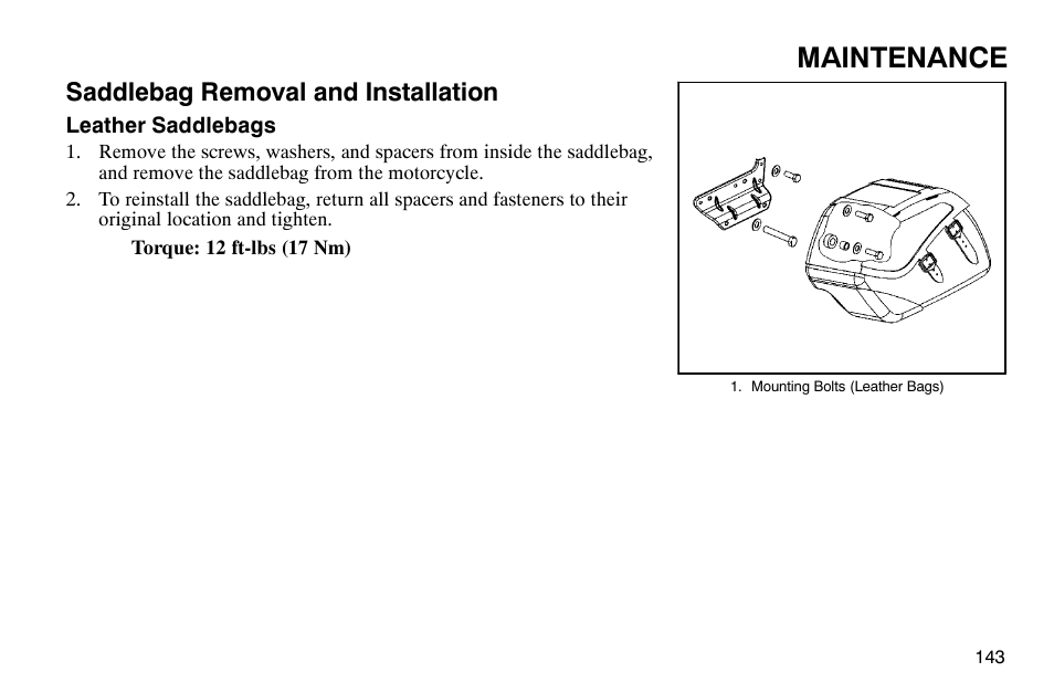 Maintenance, Saddlebag removal and installation | Polaris 2003 Victory Classic Cruiser User Manual | Page 145 / 180