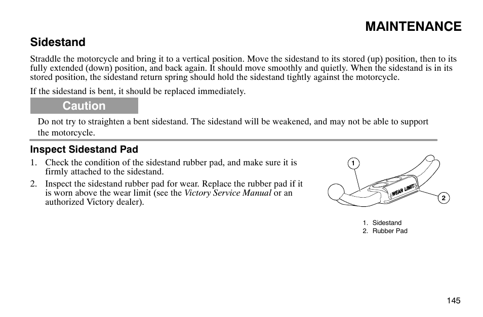 Maintenance, Sidestand, Caution | Polaris 2003 Victory Classic Cruiser User Manual | Page 147 / 180
