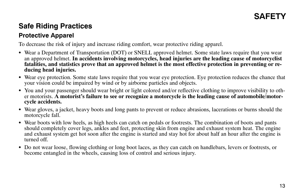 Safety, Safe riding practices | Polaris 2003 Victory Classic Cruiser User Manual | Page 15 / 180
