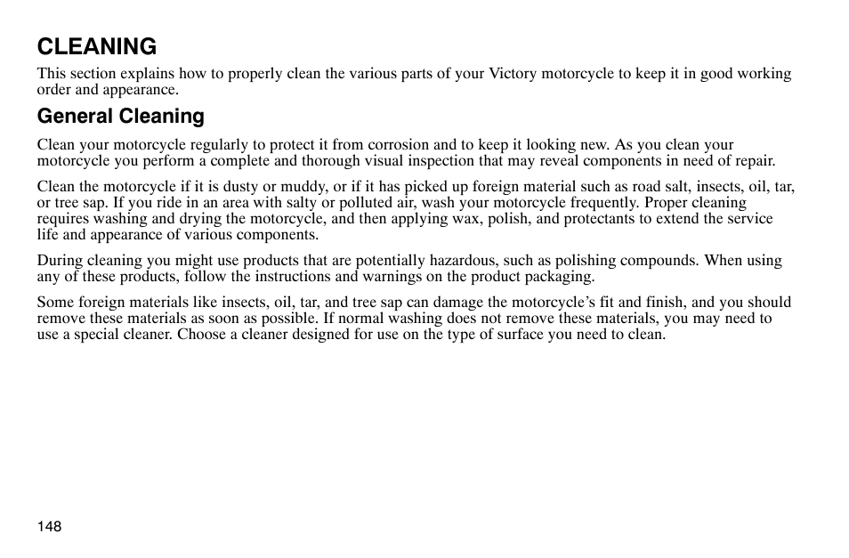 Cleaning, General cleaning | Polaris 2003 Victory Classic Cruiser User Manual | Page 150 / 180