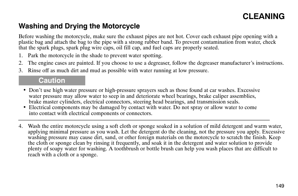 Cleaning, Washing and drying the motorcycle, Caution | Polaris 2003 Victory Classic Cruiser User Manual | Page 151 / 180
