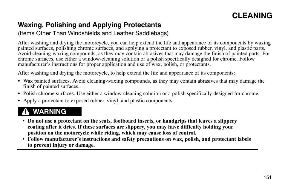 Cleaning, Waxing, polishing and applying protectants, Warning | Polaris 2003 Victory Classic Cruiser User Manual | Page 153 / 180