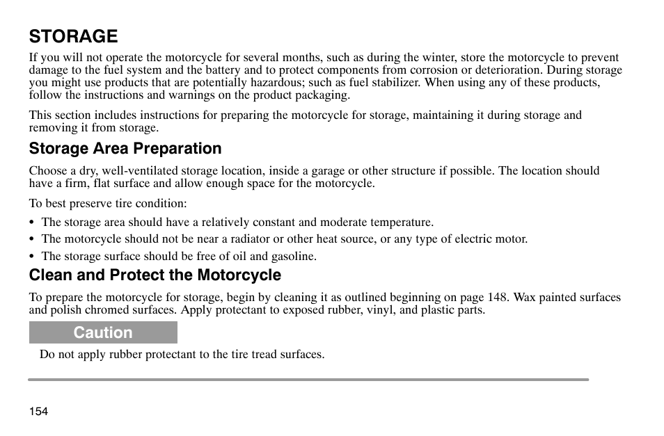 Storage, Storage area preparation, Clean and protect the motorcycle | Caution | Polaris 2003 Victory Classic Cruiser User Manual | Page 156 / 180