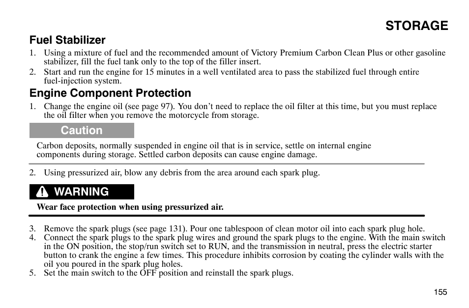 Storage, Fuel stabilizer, Engine component protection | Caution, Warning | Polaris 2003 Victory Classic Cruiser User Manual | Page 157 / 180