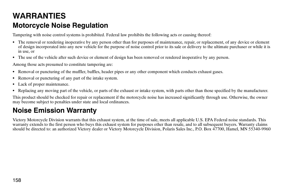 Warranties, Motorcycle noise regulation, Noise emission warranty | Polaris 2003 Victory Classic Cruiser User Manual | Page 160 / 180