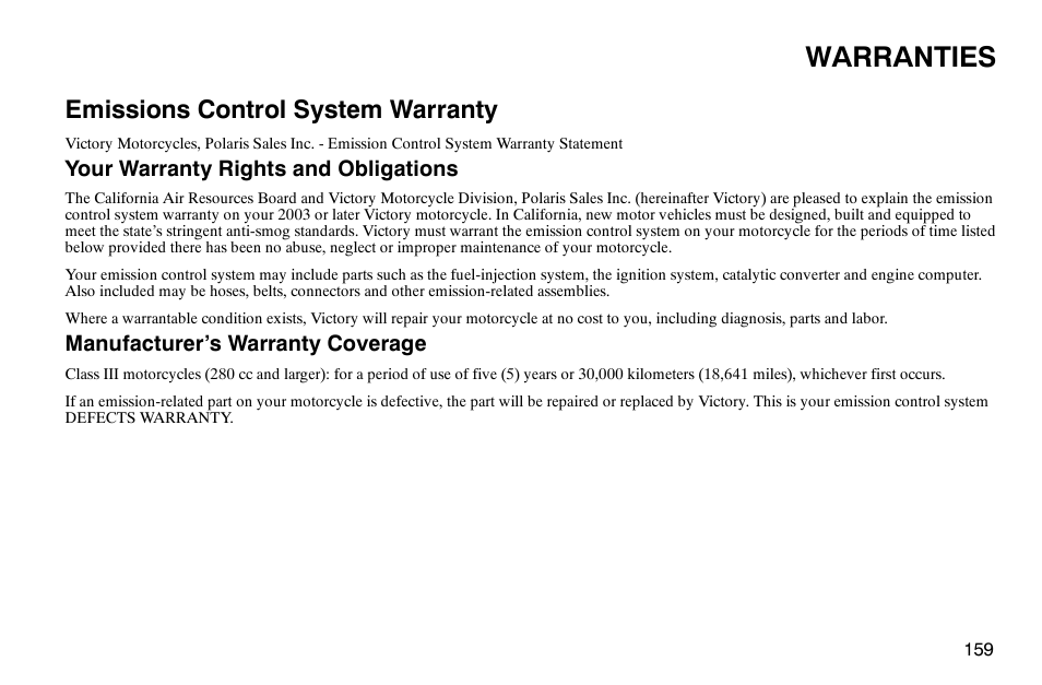 Warranties, Emissions control system warranty | Polaris 2003 Victory Classic Cruiser User Manual | Page 161 / 180