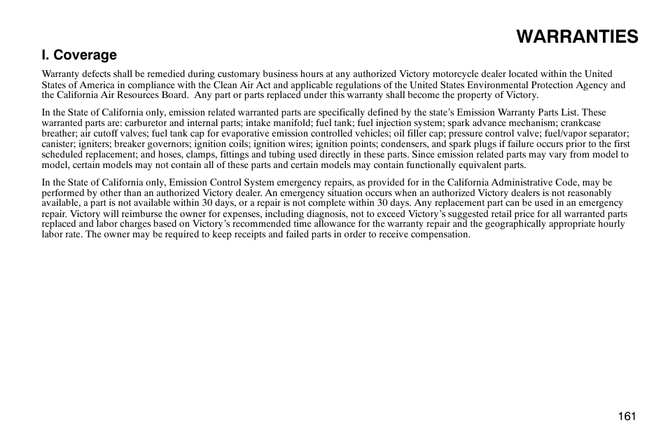 Warranties, I. coverage | Polaris 2003 Victory Classic Cruiser User Manual | Page 163 / 180