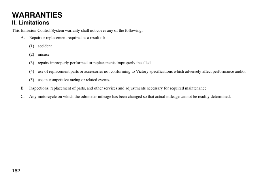 Warranties, Ii. limitations | Polaris 2003 Victory Classic Cruiser User Manual | Page 164 / 180