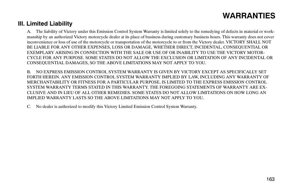 Warranties | Polaris 2003 Victory Classic Cruiser User Manual | Page 165 / 180