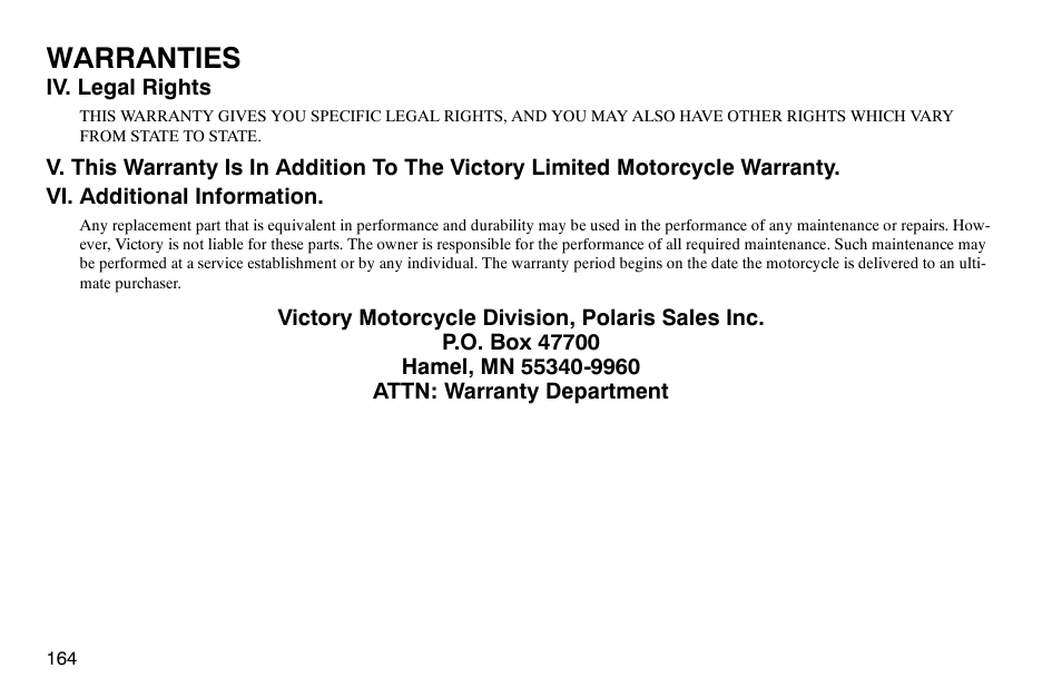 Warranties | Polaris 2003 Victory Classic Cruiser User Manual | Page 166 / 180