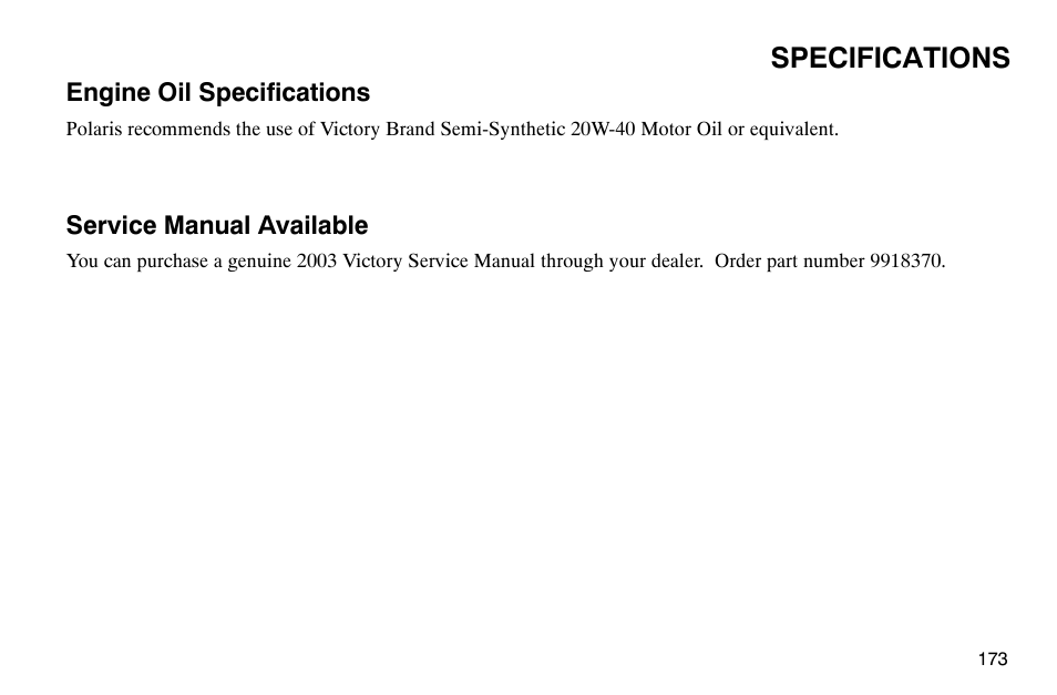 Specifications | Polaris 2003 Victory Classic Cruiser User Manual | Page 175 / 180