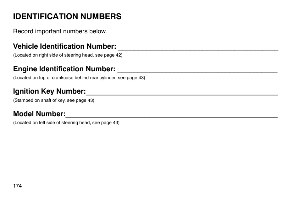 Identification numbers, Vehicle identification number, Engine identification number | Ignition key number, Model number | Polaris 2003 Victory Classic Cruiser User Manual | Page 176 / 180