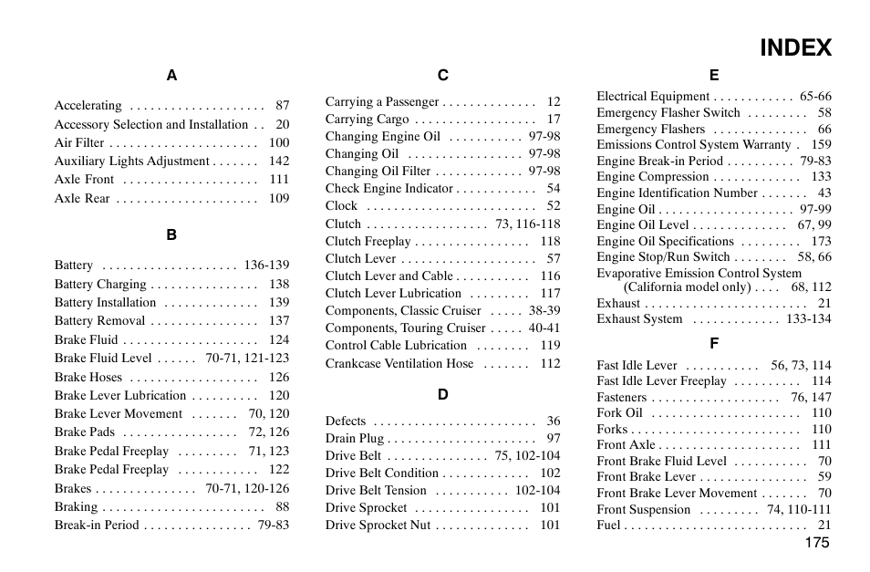 Index | Polaris 2003 Victory Classic Cruiser User Manual | Page 177 / 180