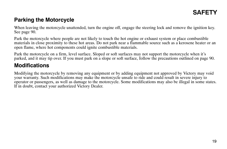 Safety, Parking the motorcycle, Modifications | Polaris 2003 Victory Classic Cruiser User Manual | Page 21 / 180