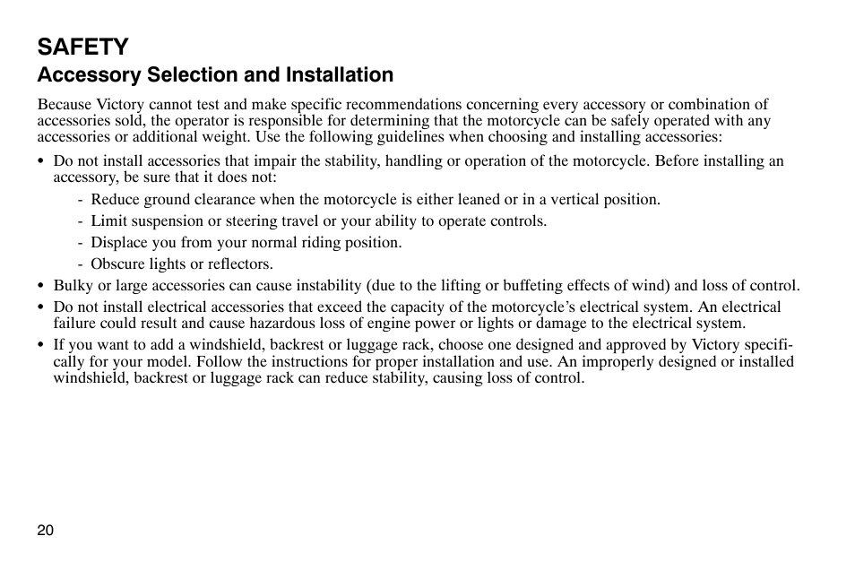 Safety, Accessory selection and installation | Polaris 2003 Victory Classic Cruiser User Manual | Page 22 / 180